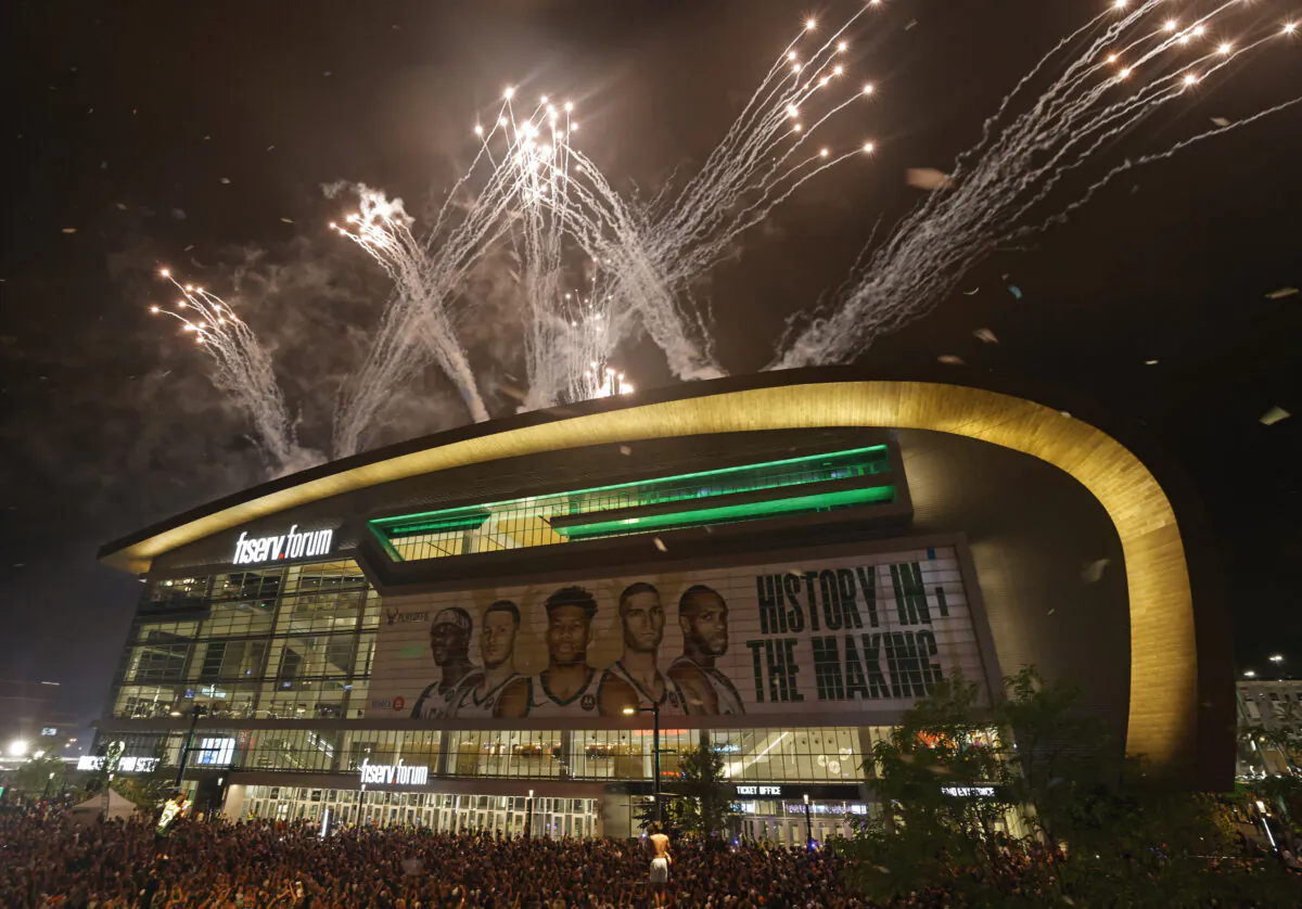 Fireworks explode over fiserv forum after the Milwaukee Bucks defeated the Phoenix Suns in Game 6 of the NBA basketball finals to win the NBA Championship in Milwaukee, Wis., on July 20, 2021. (Jeffrey Phelps/AP Photo)