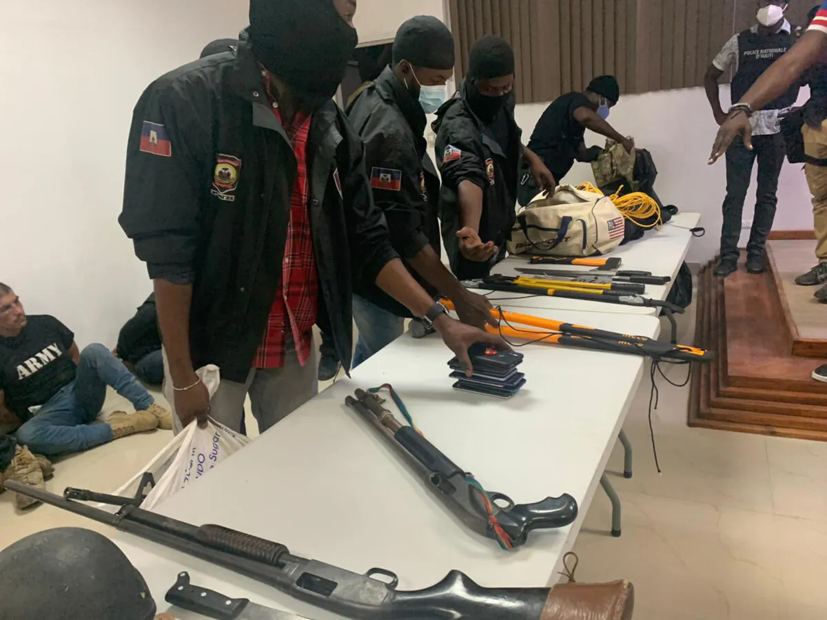 Haiti police display some of the weapons they say they took from men who were involved in the assassination of President Jovenel Moise, Haiti, on July 8, 2021. (Jacqueline Charles/Miami Herald/TNS)