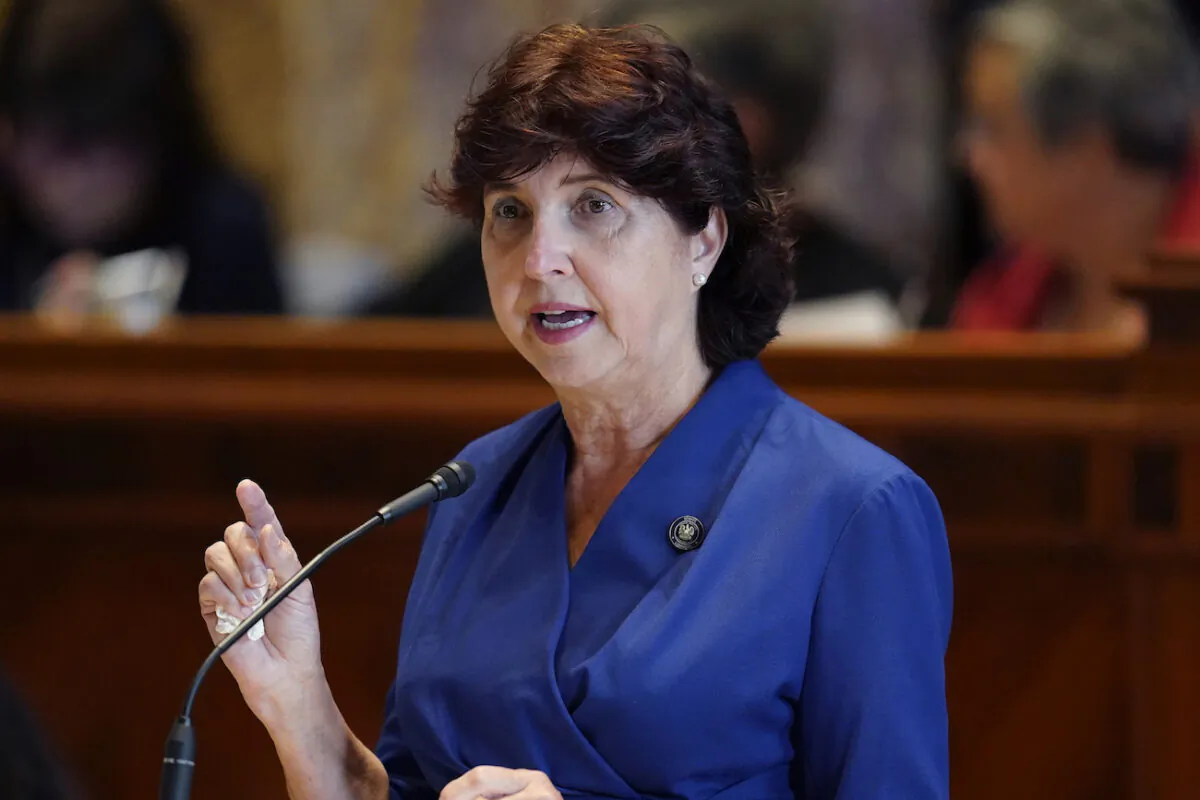 Louisiana state Sen. Beth Mizell (R-Franklinton) speaks in the Senate Chambers during a veto session in Baton Rouge, La., on July 20, 2021. (AP Photo/Gerald Herbert)