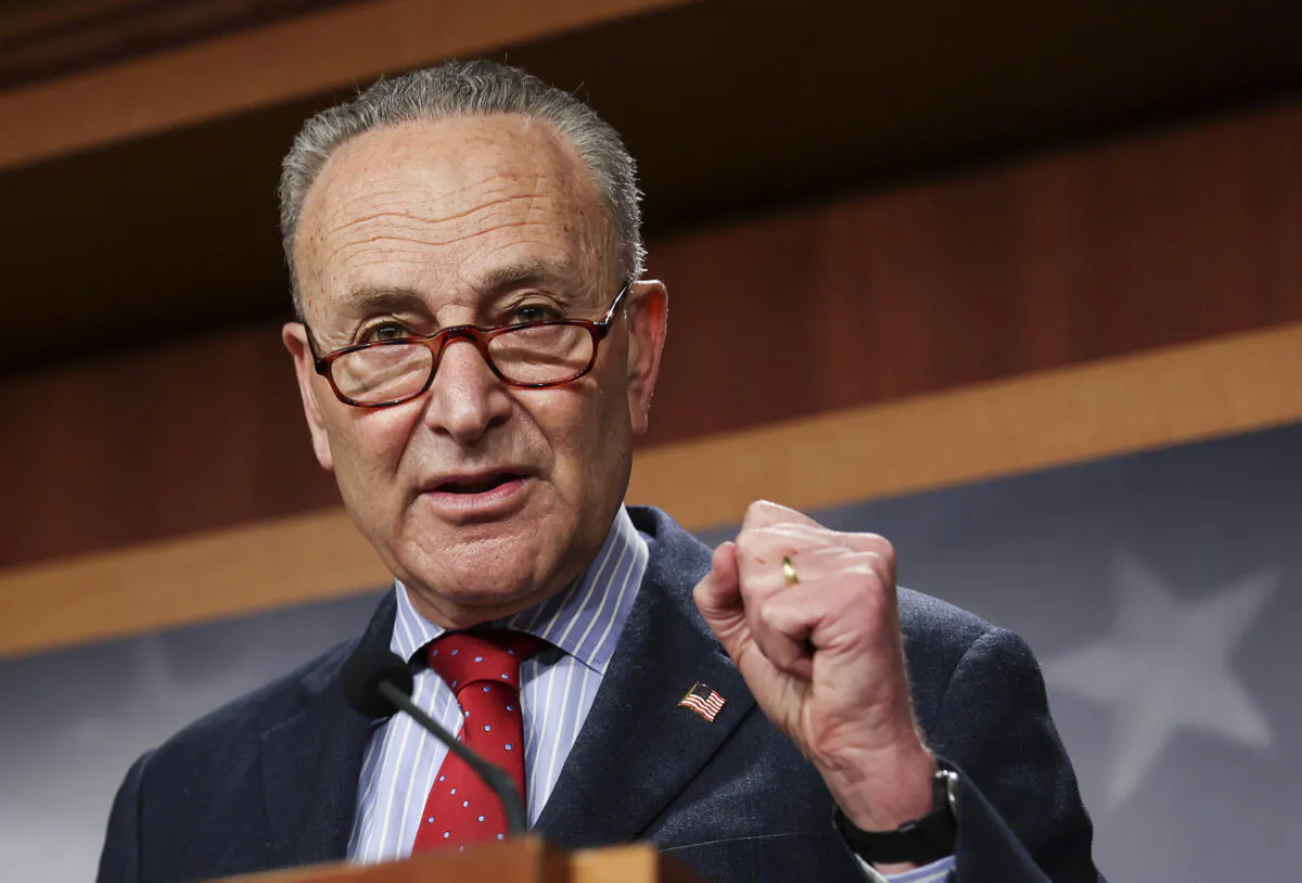 Senate Majority Leader Chuck Schumer (D-N.Y.) speaks to reporters at the U.S. Capitol in Washington on March 25, 2021. (Jonathan Ernst/Pool/Getty Images)
