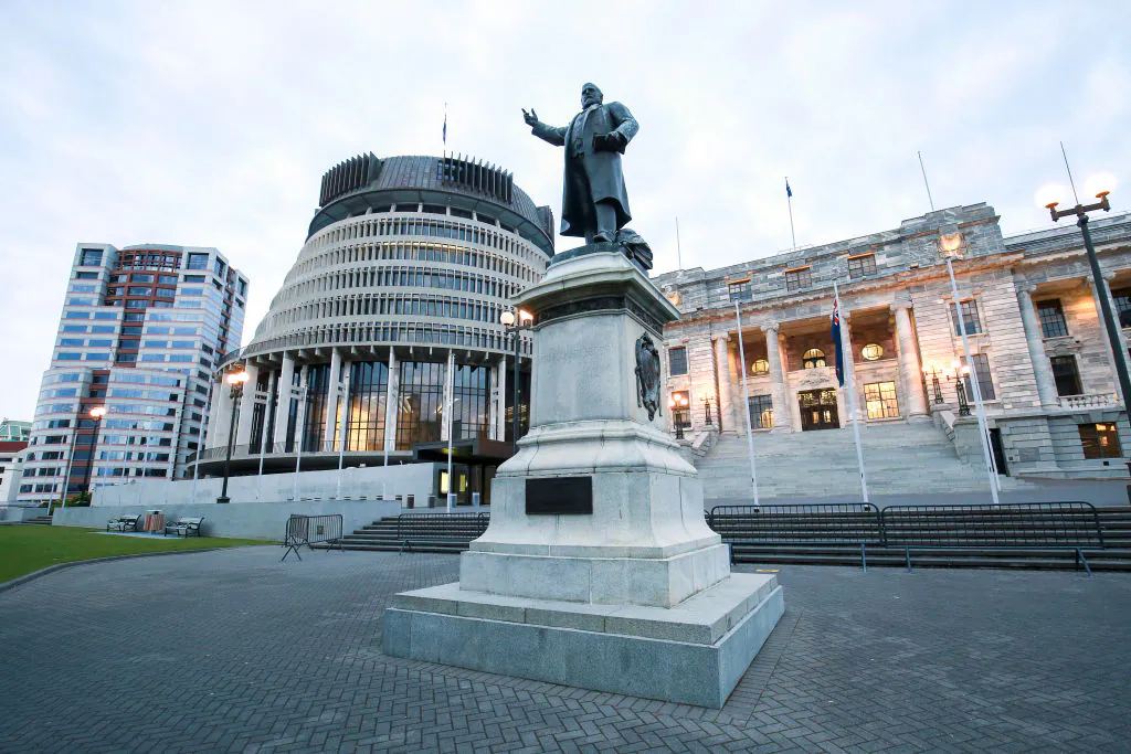 L to R, a general view of Bowen House, The Beehive, statue of Richard Seddon and Parliament House in Wellington, New Zealand on October 17, 2020. (Hagen Hopkins/Getty Images)