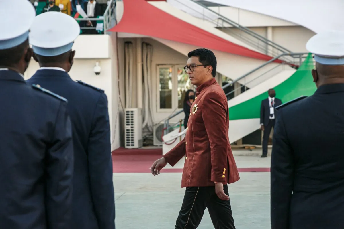 Madagascar's President Andry Rajoelina inspects the troops during the Independence Day celebration at the brand new Barea Stadium in Antananarivo, on June 26, 2021. (Rijasolo/AFP via Getty Images)