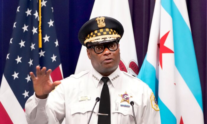 Chicago Police Superintendent David O. Brown responds to a question during a news conference on July 22, 2021. (AP Photo/Charles Rex Arbogast)