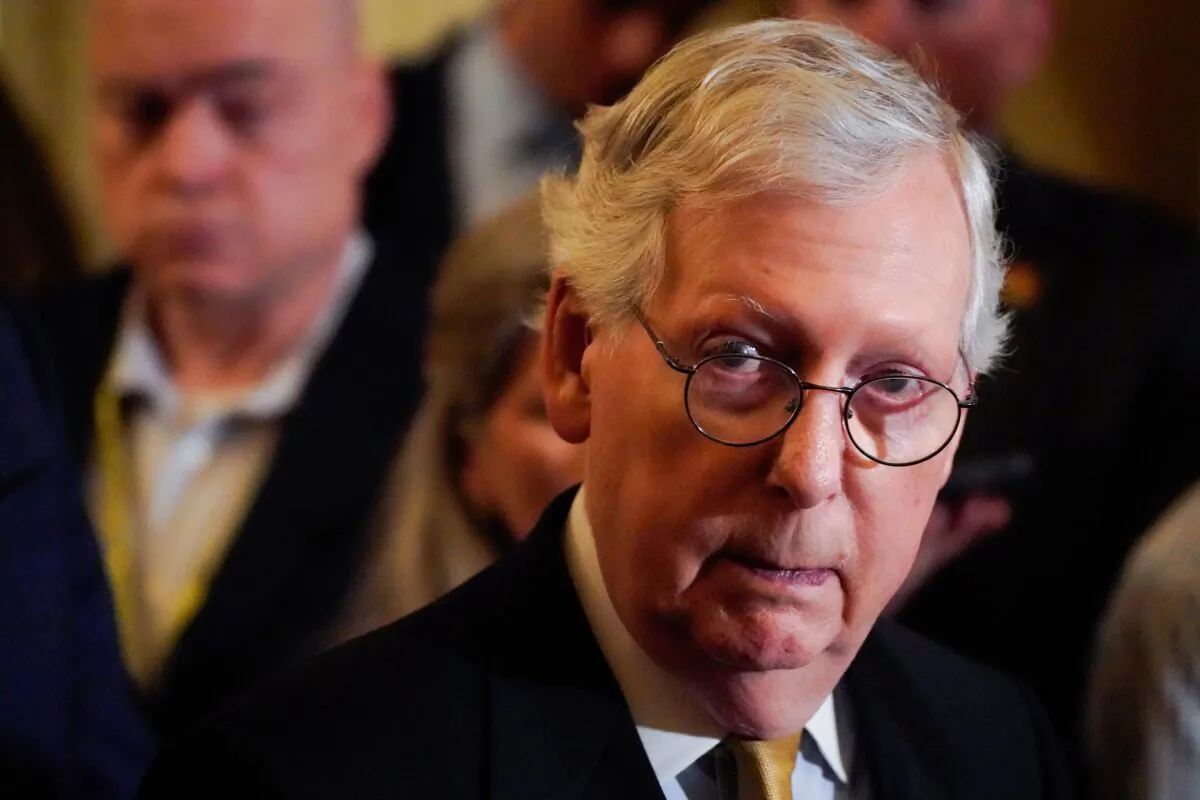 Senate Minority Leader Mitch McConnell speaks to reporters following a weekly Senate lunch at the U.S. Capitol in Washington on July 20, 2021. (Elizabeth Frantz/Reuters)