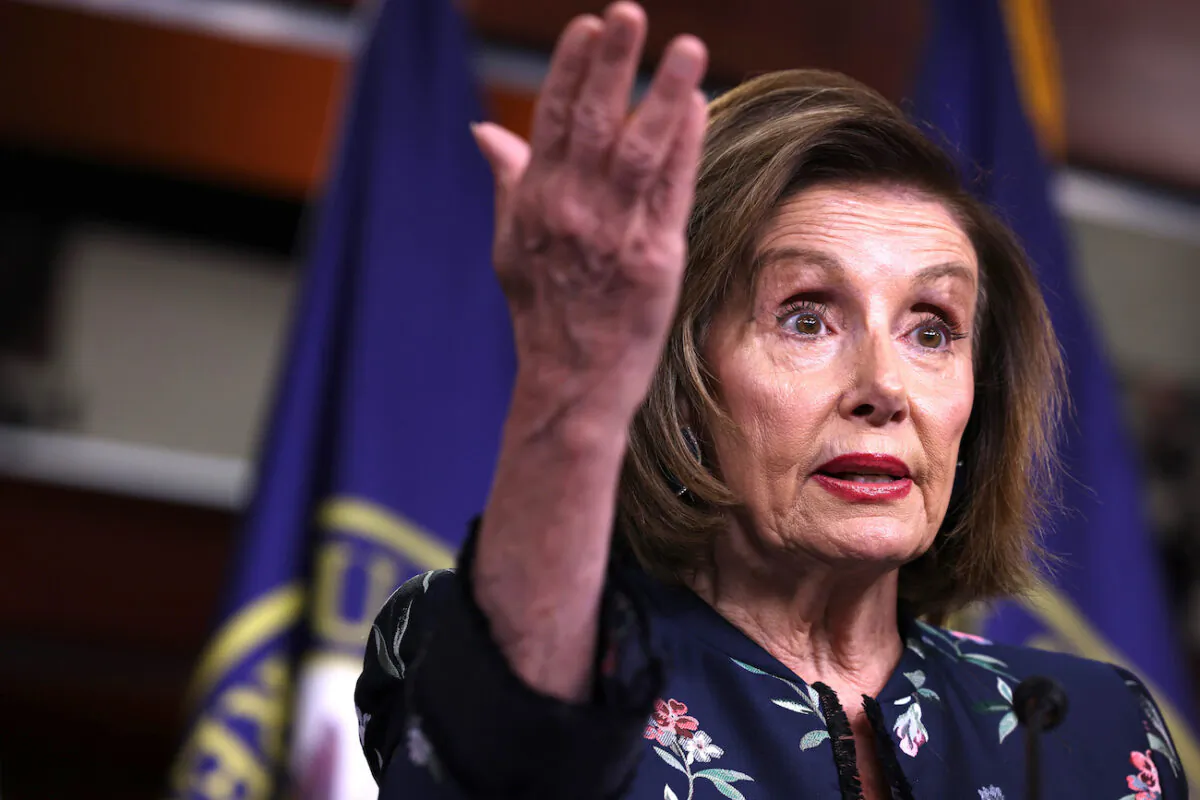 House Speaker Nancy Pelosi (D-Calif.) gestures during her weekly news conference at the Capitol building in Washington, on July 22, 2021. (Anna Moneymaker/Getty Images)