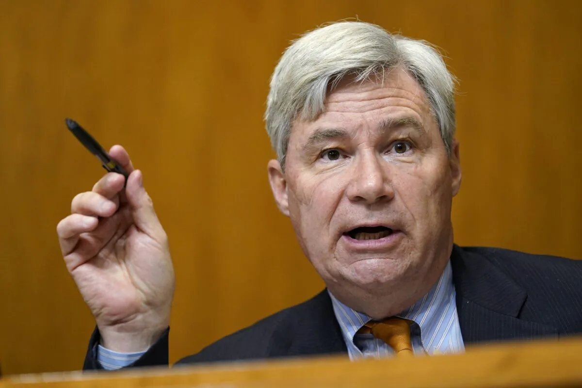 Sen. Sheldon Whitehouse (D-R.I.) speaks during a congressional hearing in Washington on Feb. 25, 2021. (Susan Walsh/Pool/Getty Images)
