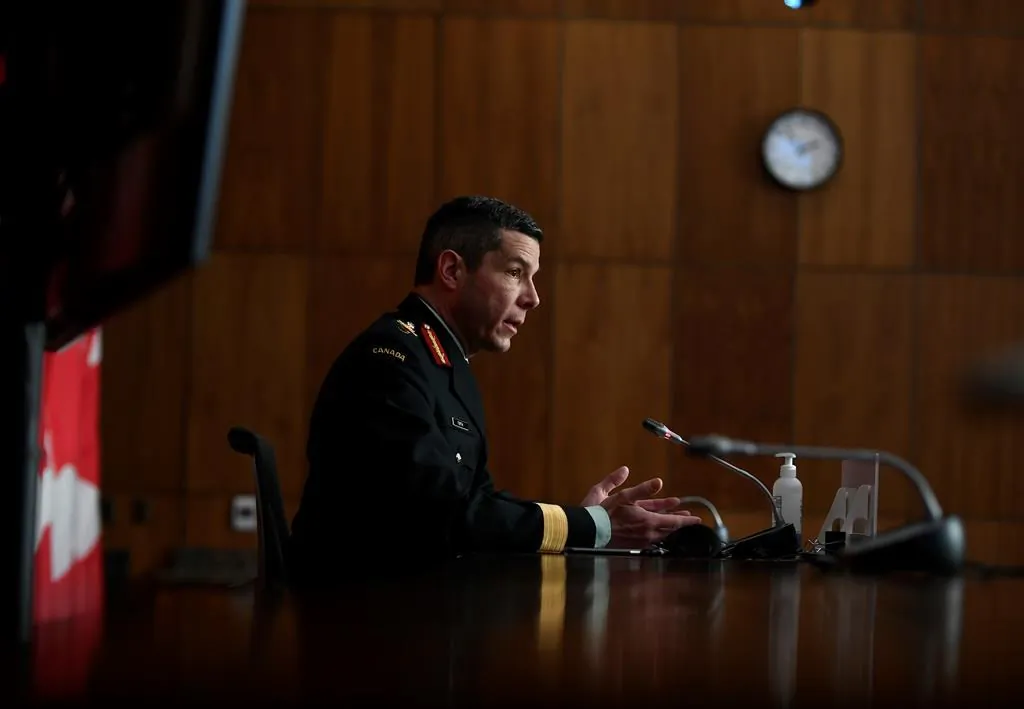 Maj.-Gen. Dany Fortin, vice-president of logistics and operations at the Public Health Agency of Canada, participates in a news conference on the COVID-19 pandemic in Ottawa, on Jan. 15, 2021. (The Canadian Press/Justin Tang)