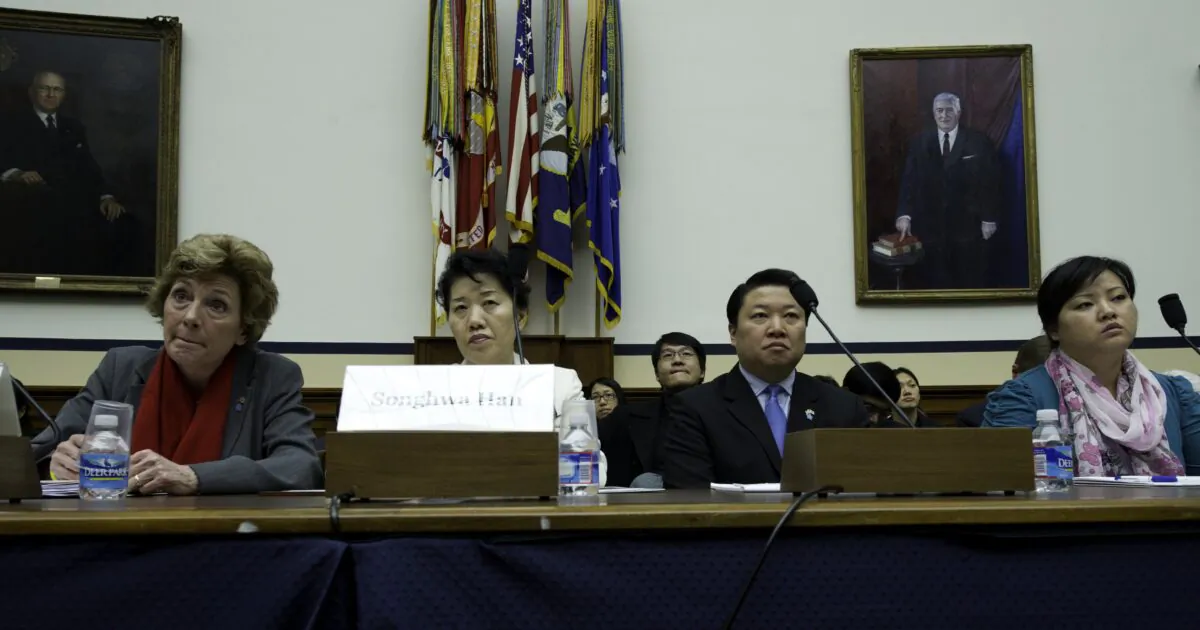 Songhwa Han (2L), former North Korean refugee detained in China, repatriated to North Korea, and detained in North Korea, and Jinhye Jo (R), former North Korean refugee detained in China, repatriated to North Korea, and detained in North Korea testify before the U.S. House Foreign Affairs Committee Congressional Executive Commission on China in Capitol Hill in Washington on March 5, 2012. (Karen Bleier/AFP via Getty Images)