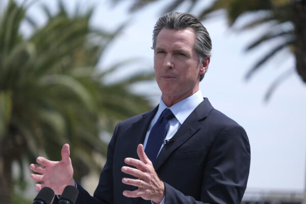 California Gov. Gavin Newsom talks during a news conference at Universal Studios in Universal City, Calif., on June 15, 2021. (Ringo H.W. Chiu/AP Photo)