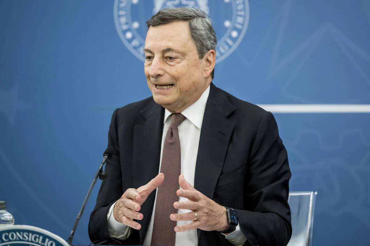 Italian Premier Mario Draghi speaks at a press conference at Chigi Palace government office in Rome, on July 22, 2021. (Roberto Monaldo/LaPresse via AP)