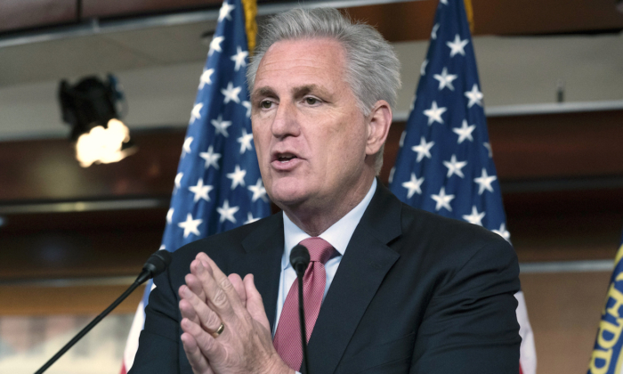 House Minority Leader Kevin McCarthy (R-Calif.) speaks during a news conference on Capitol Hill in Washington on July 22, 2021. (Jose Luis Magana/AP Photo)
