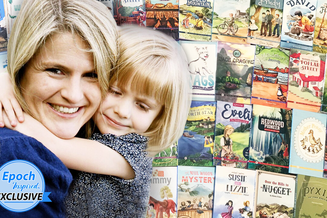 Jenny Phillips, founder of homeschool curriculum company The Good and the Beautiful, with one of her children. (Background) Books from The Good and the Beautiful Library and Book List. (Courtesy of Jenny Phillips; Background: The Epoch Times)