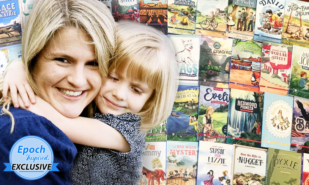 Jenny Phillips, founder of homeschool curriculum company The Good and the Beautiful, with one of her children. (Background) Books from The Good and the Beautiful Library and Book List. (Courtesy of Jenny Phillips; Background: The Epoch Times)