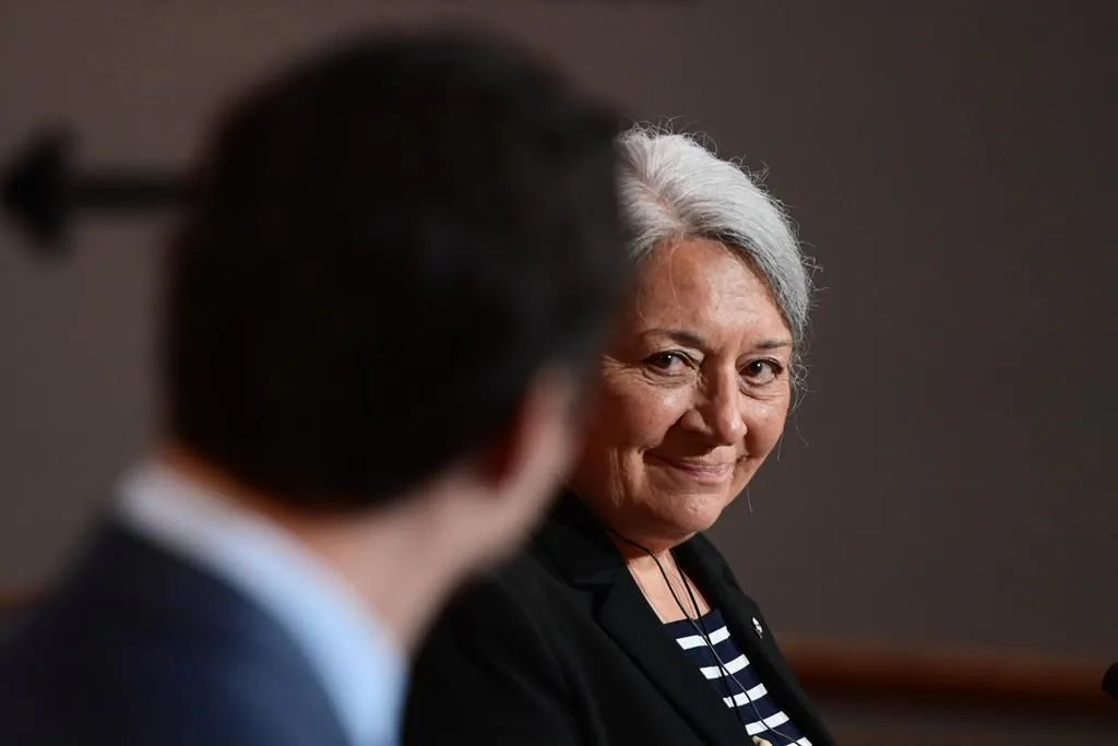 Mary Simon looks towards Prime Minister Justin Trudeau during an announcement at the Canadian Museum of History in Gatineau, Que., on July 6, 2021. (The Canadian Press/ Sean Kilpatrick)