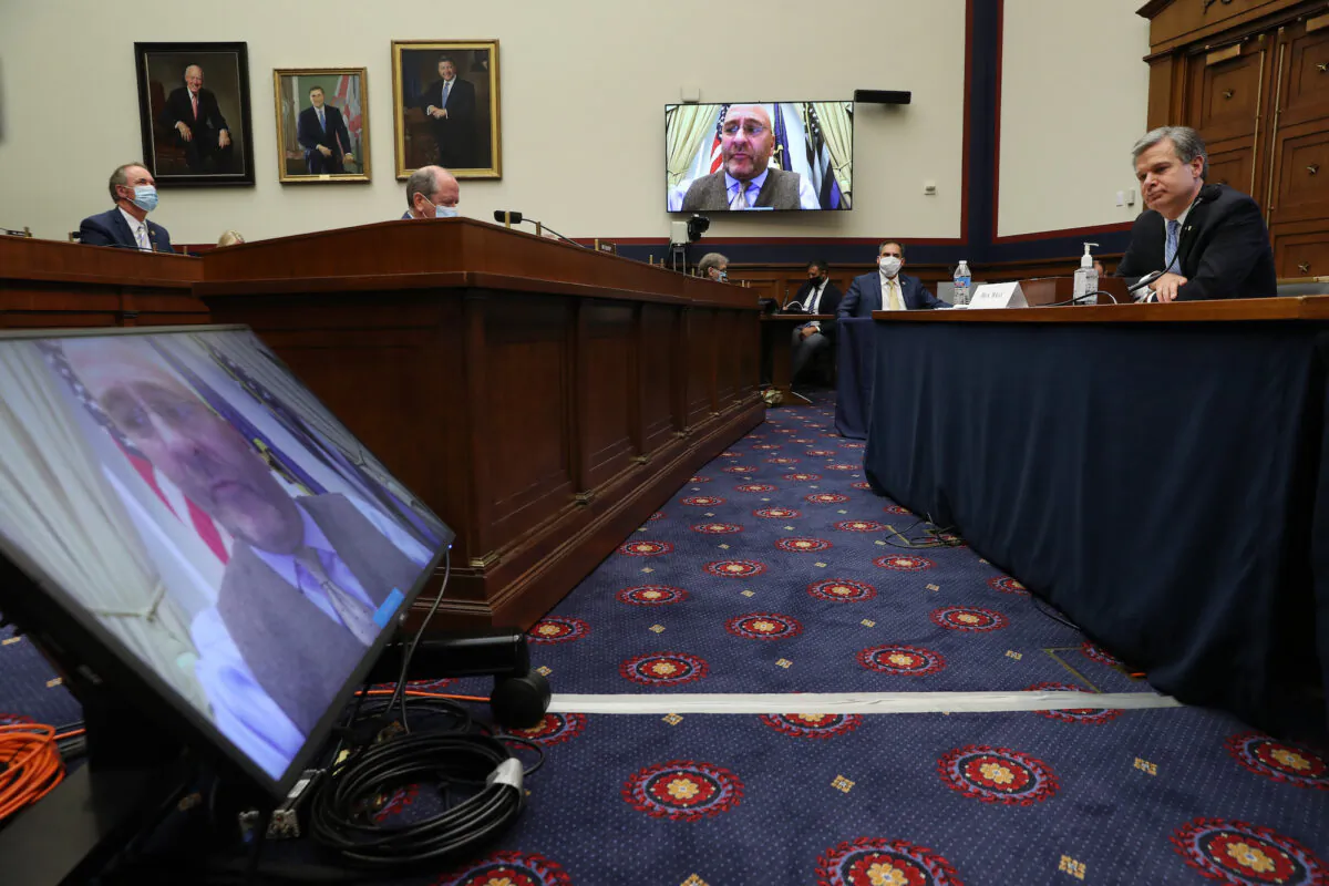 Rep. Clay Higgins (R-La.) questioning FBI Director Christopher Wray via video connection during a hearing on Capitol Hill, in Washington, on Sept. 17, 2020. (Chip Somodevilla/Getty Images)