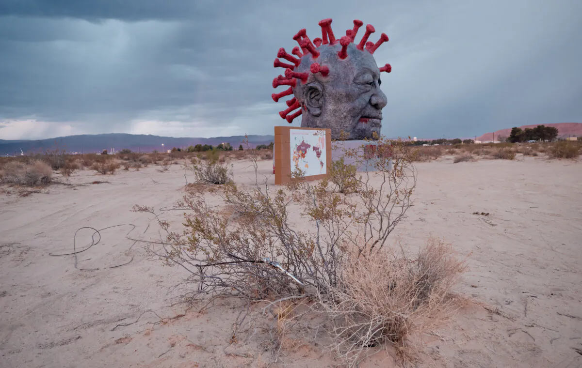 The “CCP Virus” sculpture was unveiled at Liberty Sculpture Park in Yermo, Calif.., on June 4, 2021, the anniversary of China’s Tiananmen Square massacre. (Courtesy of Jonas Yuan)