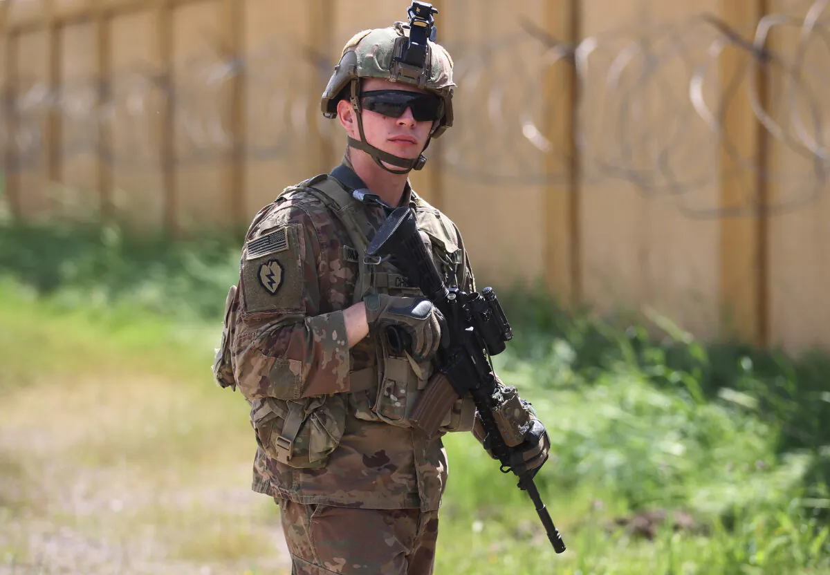 A U.S. Army soldier stands on duty at the K1 airbase northwest of Kirkuk in northern Iraq on March 29, 2020. (Ahmad Al-Rubaye/AFP via Getty Images)