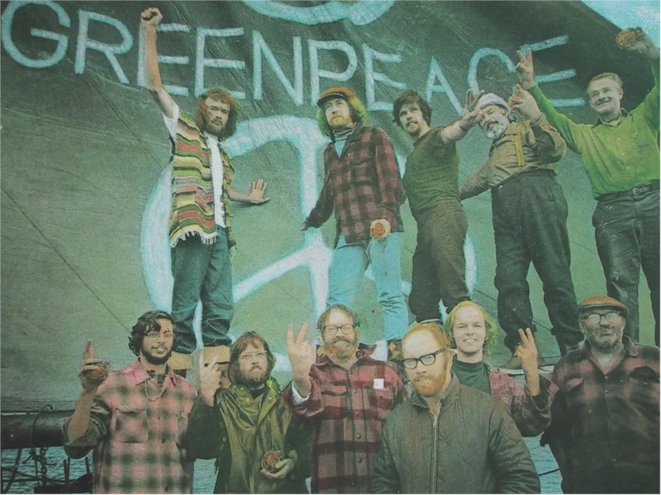 Patrick Moore (back, 2nd L) poses with other crew members of the first Greenpeace voyage from Vancouver to Alaska to protest the U.S. hydrogen bomb tests in the Aleutian Islands in September 1971. (Photo by Robert Keziere)