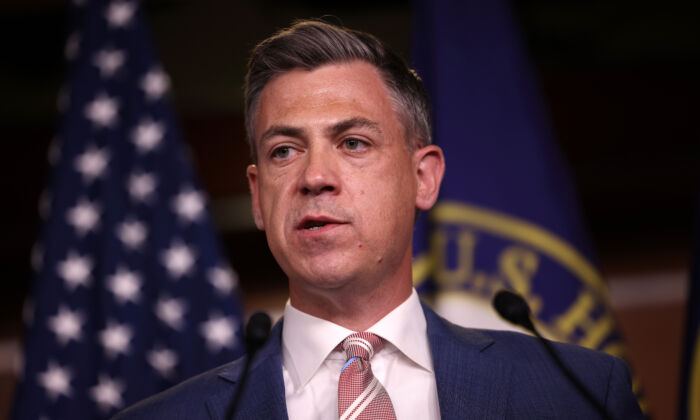 Rep. Jim Banks (R-Ind.) speaks at a news conference on House Speaker Nancy Pelosi’s decision to reject two of Leader McCarthy’s selected members from serving on the committee investigating the Jan. 6 breach, in Washington, D.C., on July 21, 2021. (Kevin Dietsch/Getty Images)
