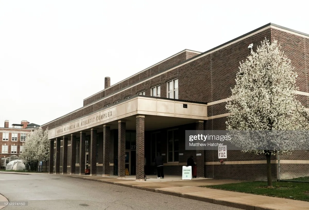 Detroit residents gathered at a pop-up clinic at Western International High School on April 12, 2021 in Detroit, Michigan. (Matthew Hatcher/Getty Images)