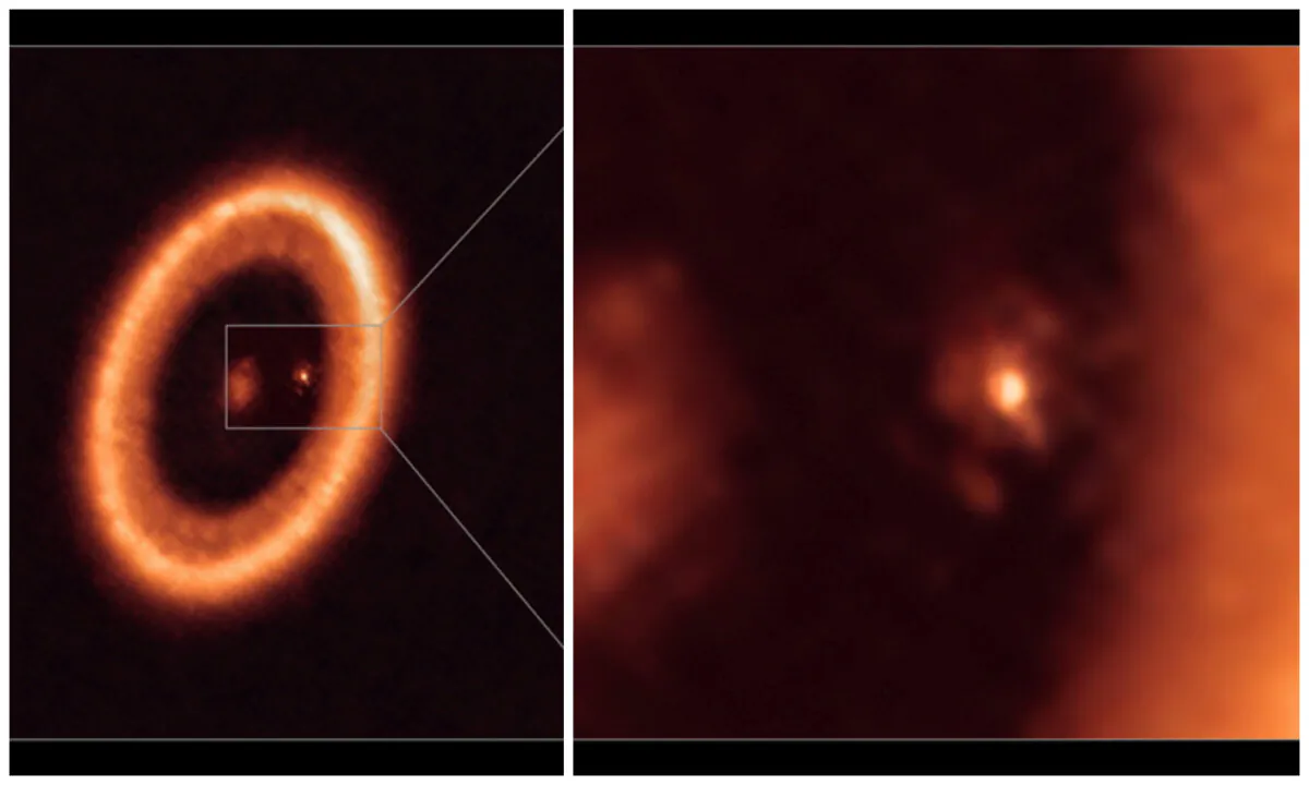 An undated image, taken with the Atacama Large Millimeter/submillimeter Array (ALMA), in which the European Southern Observatory is a partner, shows wide (L) and close-up (R) views of the moon-forming disc surrounding PDS 70c, a young Jupiter-like planet nearly 400 light-years away. (Alma Eso/NAOJ/NRAO/Handout via Reuters)