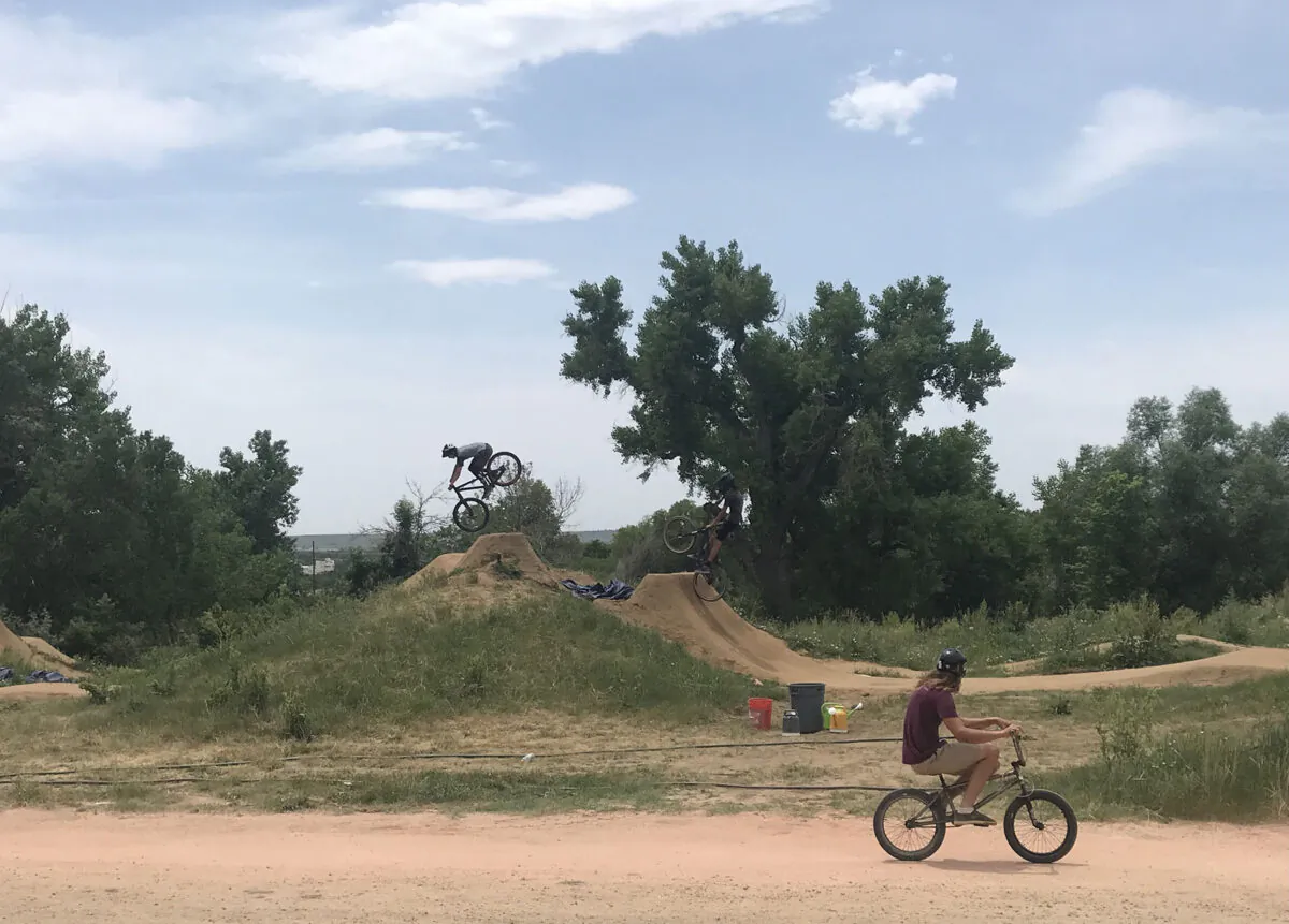 An intrepid biker leaps into the sky at the Valmont Bike Park in Boulder, Colo. (Courtesy of Lesley Sauls Frederikson)