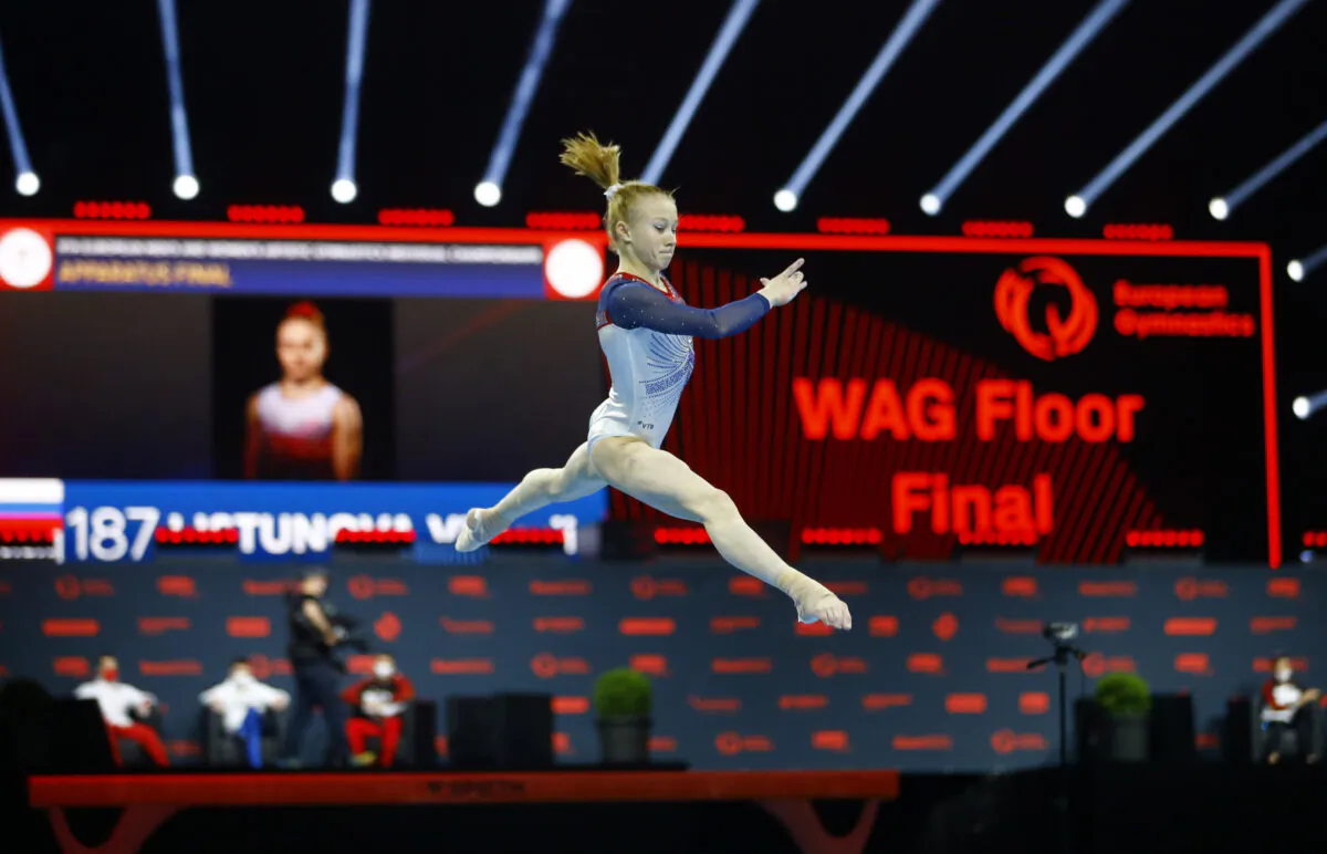 Russia's Viktoria Listunova in action during the women's all-round floor at the 2021 European Artistic Gymnastics Championships in St. Jakobshalle, Switzerland, on April 25, 2021. (Arnd Wiegmann/Reuters)