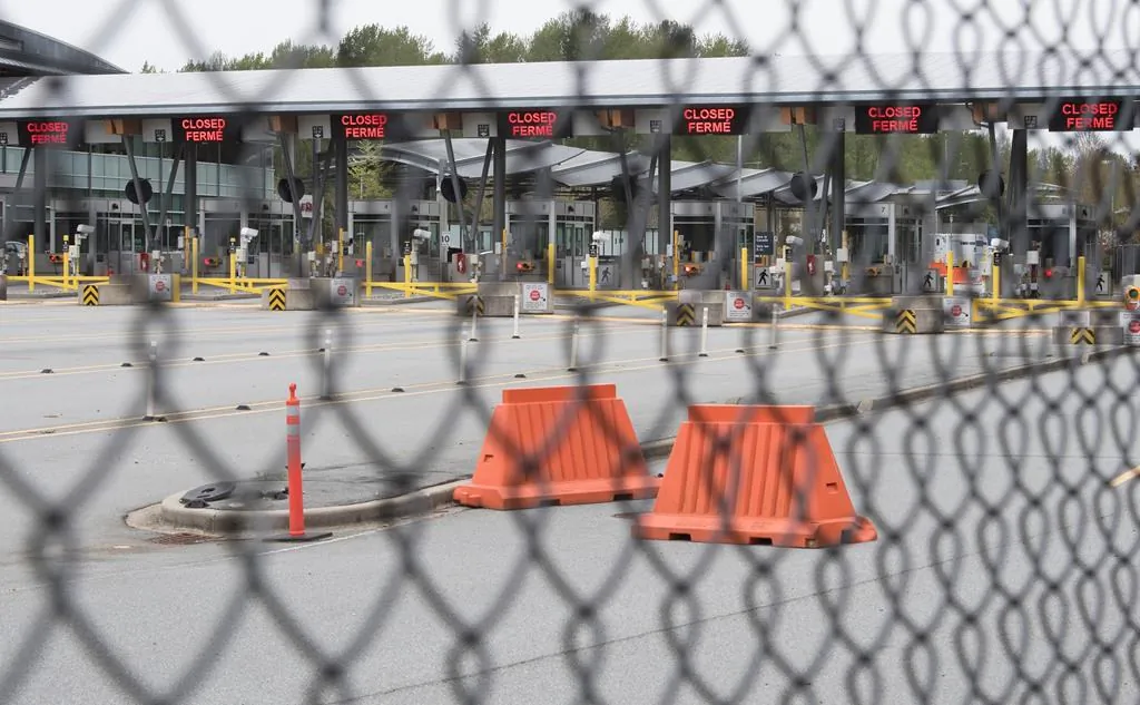 Part of Canada's land border with the United States is pictured closed at the Peace Arch border crossing in Surrey, B.C., on April 28, 2020. (The Canadian Press/Jonathan Hayward)