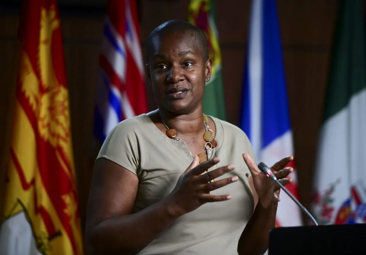 Annamie Paul, leader of the Green party, speaks during a press conference on Parliament Hill in Ottawa on June 1, 2021. The Green party has been split by antisemitic assaults on Paul, who is Jewish, and on her Jewish adviser. (The Canadian Press/Sean Kilpatrick)