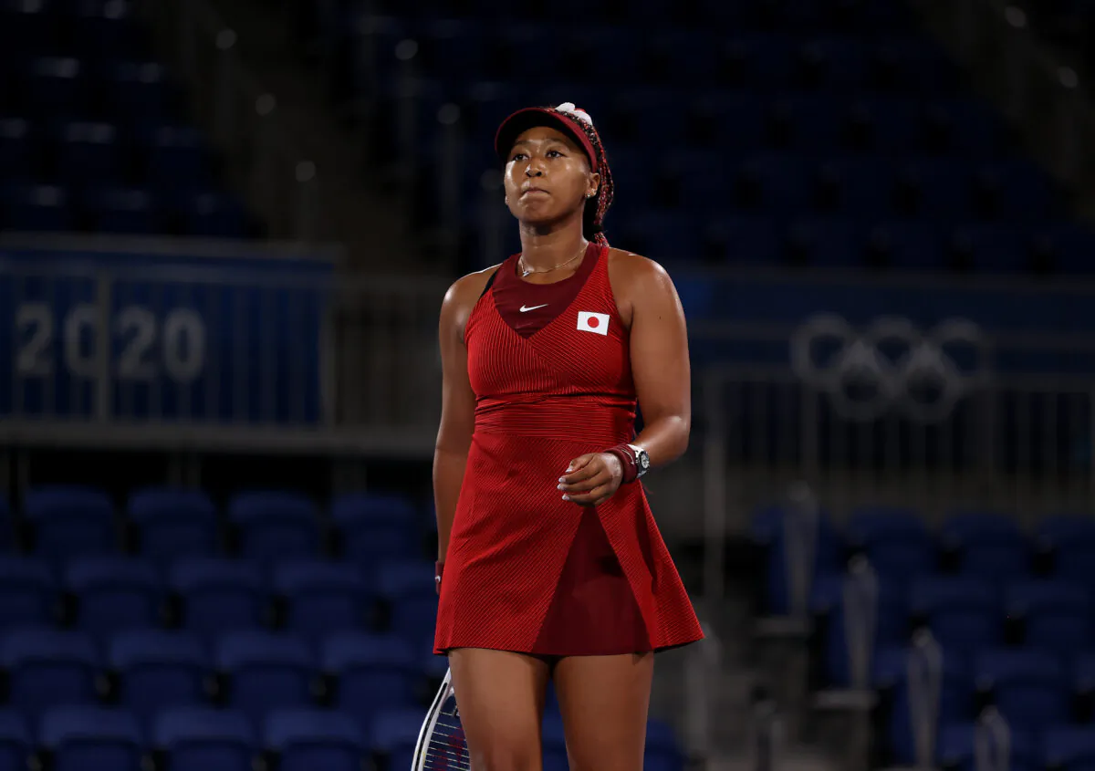 Naomi Osaka of Team Japan prepares to serve during her Women's Singles Third Round match against Marketa Vondrousova of Team Czech Republic on day four of the Tokyo 2020 Olympic Games at Ariake Tennis Park in Tokyo, Japan, on July 27, 2021. (David Ramos/Getty Images)