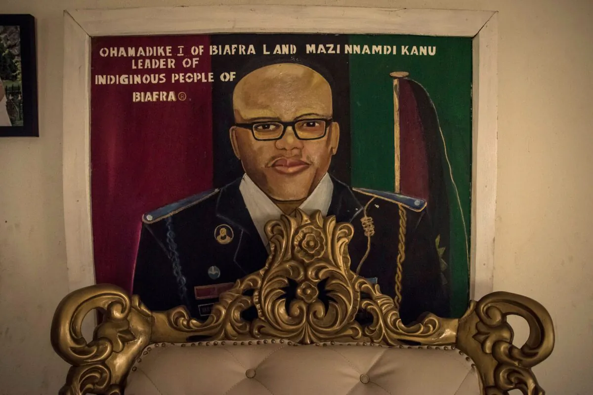 An image of Mazi Nnamdi Kanu, leader of Indigenous People of Biafra (IPOB) hangs on a wall in a house in Umuahia, one of the pro-Biafran separatist regions, on Feb. 13, 2019. (Cristina Aldehuela/AFP via Getty Images)