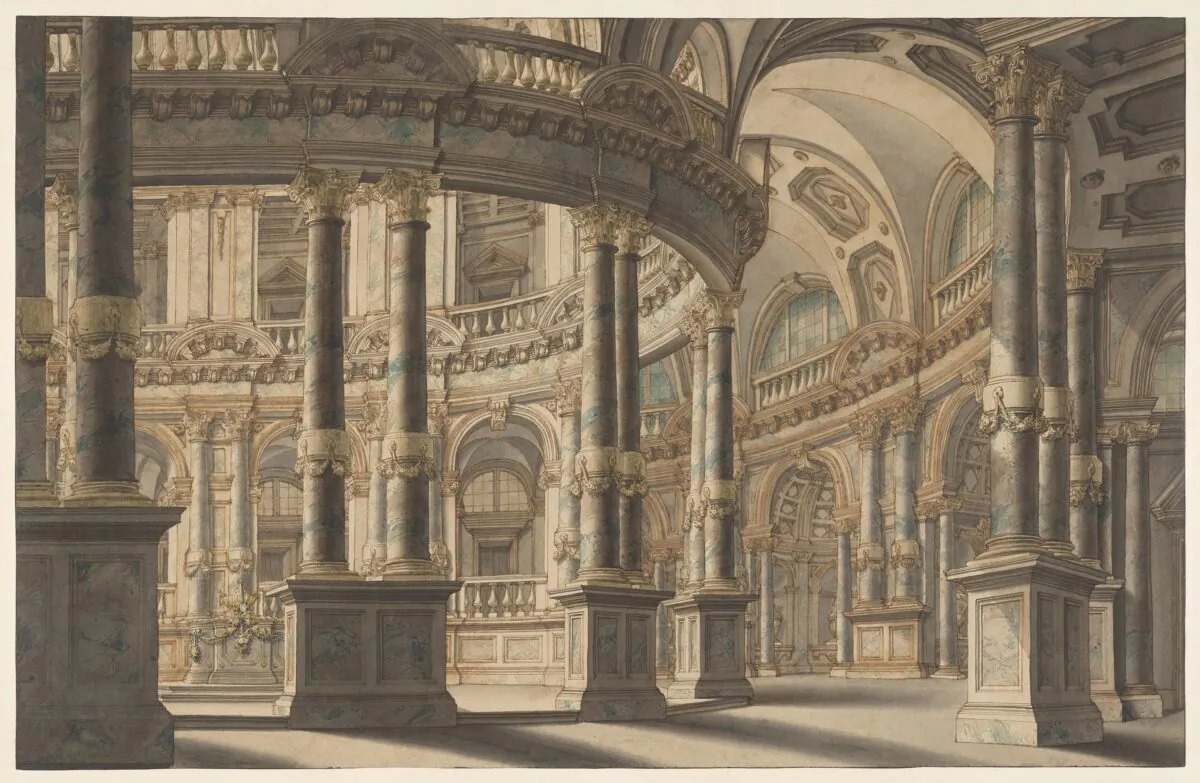 "Circular Colonnaded Atrium," circa 1730, attributed to Giuseppe Galli Bibiena. Pen and brown ink, gray wash, blue and green watercolor, and white opaque watercolor; 15 7/8 inches by 24 5/8 inches. Promised gift of Jules Fisher, The Morgan Library & Museum. (Janny Chiu/The Morgan Library & Museum)