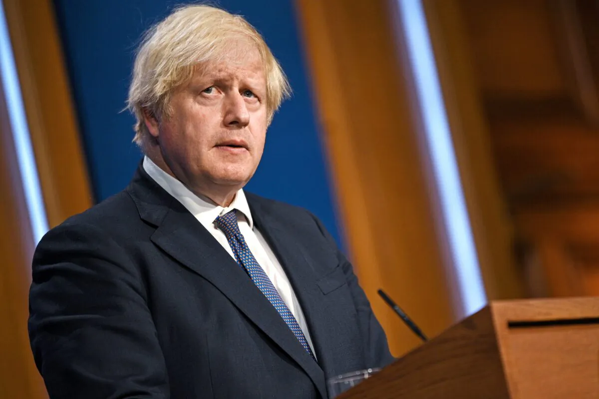 Britain's Prime Minister Boris Johnson looks on at a news conference inside the Downing Street Briefing Room in London on July 12, 2021. (Daniel Leal-Olivas/Pool via Reuters)
