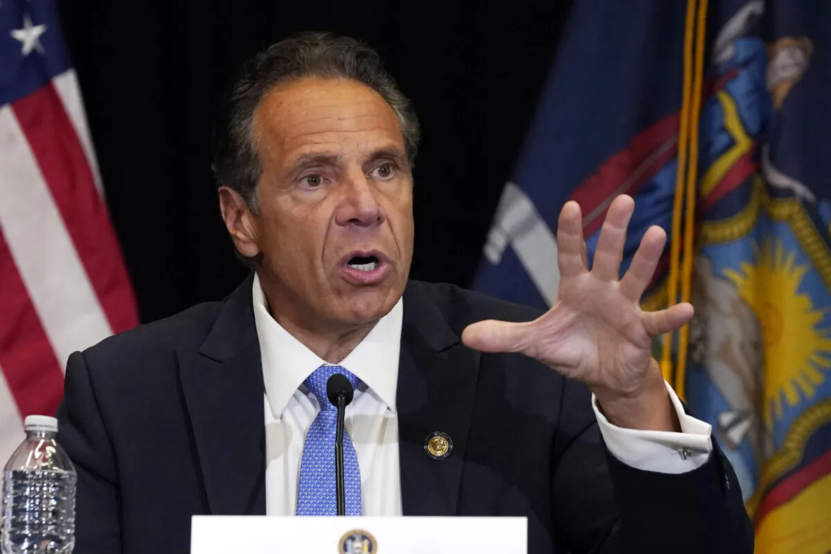 New York Gov. Andrew Cuomo speaks during a news conference at New York's Yankee Stadium on July 26, 2021. (AP Photo/Richard Drew)