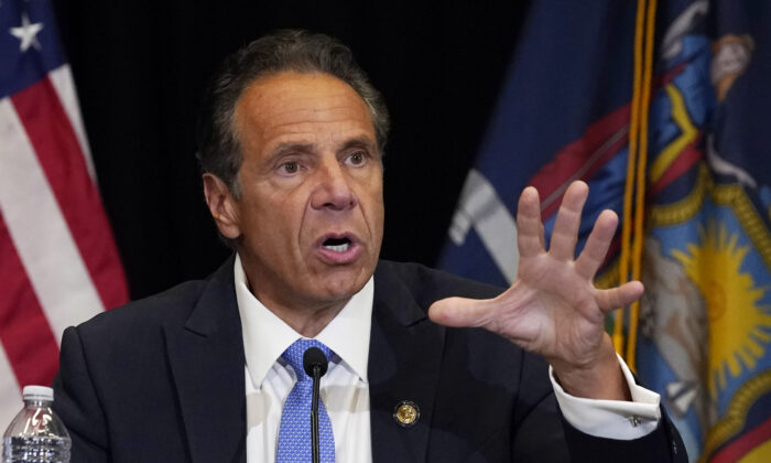 New York Gov. Andrew Cuomo speaks during a news conference at New York's Yankee Stadium on July 26, 2021. (AP Photo/Richard Drew)