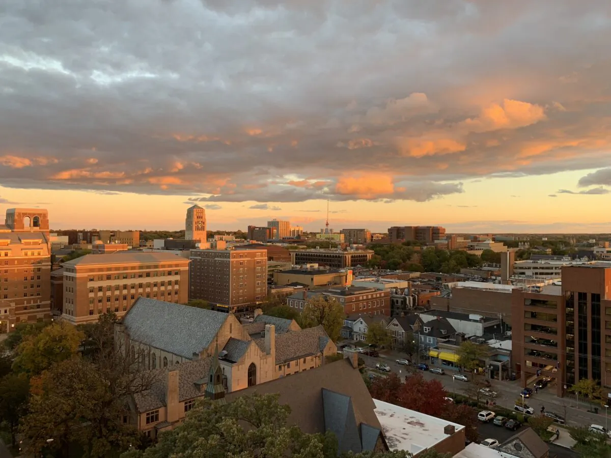 Ann Arbor at sunset from E. Huron Street in Ann Arbor, Mich., on Oct. 23, 2018.(JuwanGOAT/
Wikimedia commons)