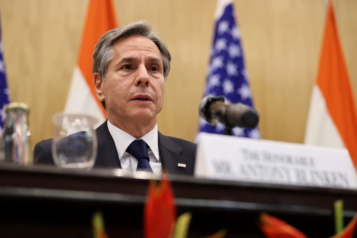 U.S. Secretary of State Antony Blinken speaks during a joint news conference with Indian Foreign Minister Subrahmanyam Jaishankar at Jawaharlal Nehru Bhawan (JNB) in New Delhi, India, on July 28, 2021. (Jonathan Ernst/Pool Photo via AP)