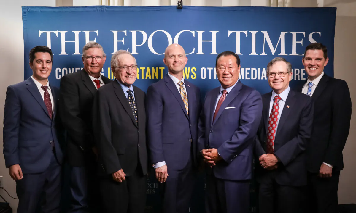 From left to right: Joshua Phillips, Rex Steninger, Alan Dershowitz, Kevin Roberts, Ché Ahn, Rob Natelson, and Timothy Barton at The Epoch Times' Defending the Constitution event in New York City, on July 19, 2021. (Samira Bouaou/The Epoch Times)