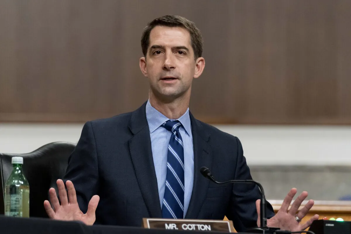 Sen. Tom Cotton (R-Ark.) speaks during a hearing to examine United States Special Operations Command and United States Cyber Command in review of the Defense Authorization Request for fiscal year 2022 and the Future Years Defense Program, on Capitol Hill in Washington, on March 25, 2021. (Andrew Harnik/Pool/Getty Images)
