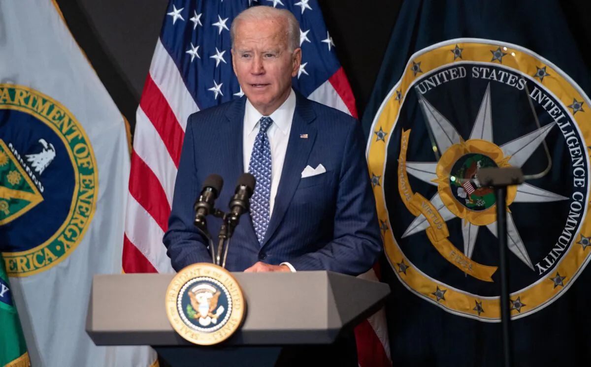 U.S. President Joe Biden addresses the Intelligence Community workforce and its leadership while on a tour at the Office of the Director of National Intelligence in McLean, Va., on July 27, 2021. (Saul Loeb/AFP via Getty Images)