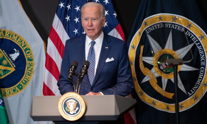 U.S. President Joe Biden addresses the Intelligence Community workforce and its leadership while on a tour at the Office of the Director of National Intelligence in McLean, Va., on July 27, 2021. (Saul Loeb/AFP via Getty Images)