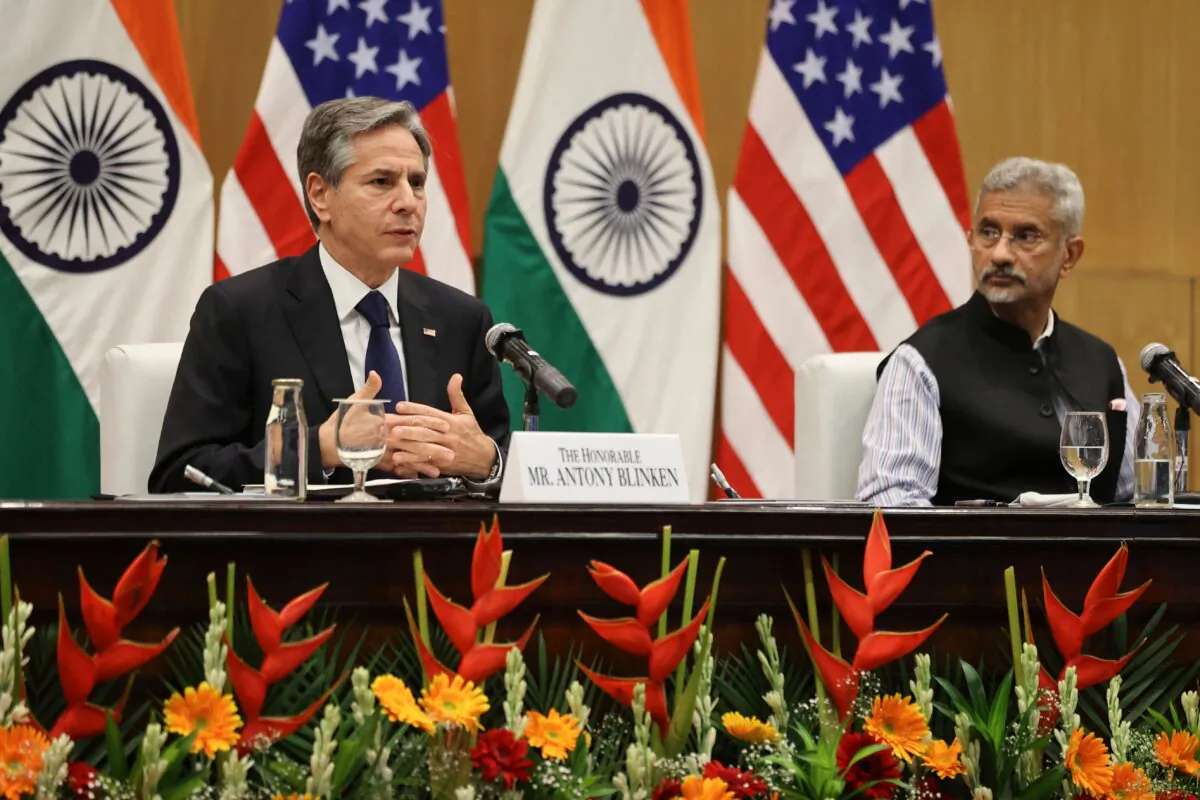 India's Minister of 
External Affairs 
Subrahmanyam 
Jaishankar (R) and U.S. Secretary of State Antony Blinken hold a joint news conference at Jawaharlal Nehru Bhawan in New Delhi on July 28, 2021. (Jonathan Ernst/POOL/AFP via Getty Images)