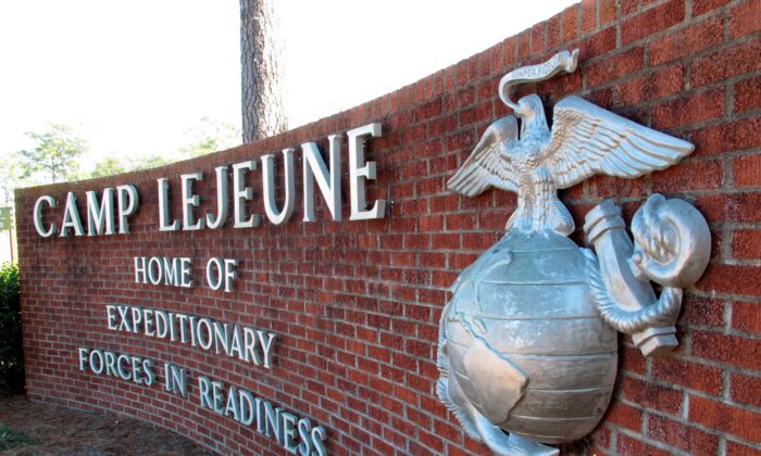 The globe and anchor at the entrance to Camp Lejeune, N.C., on March 19, 2013.(Allen Breed/AP Photo)