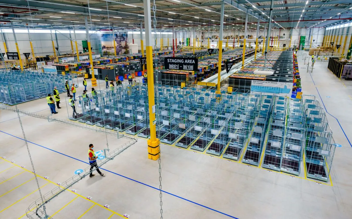 The new delivery warehouse of the US e-commerce company Amazon in Rozenburg-Schiphol, Netherlands,  on July 13, 2021. (Marco de Swart/ANP/AFP via Getty Images)
