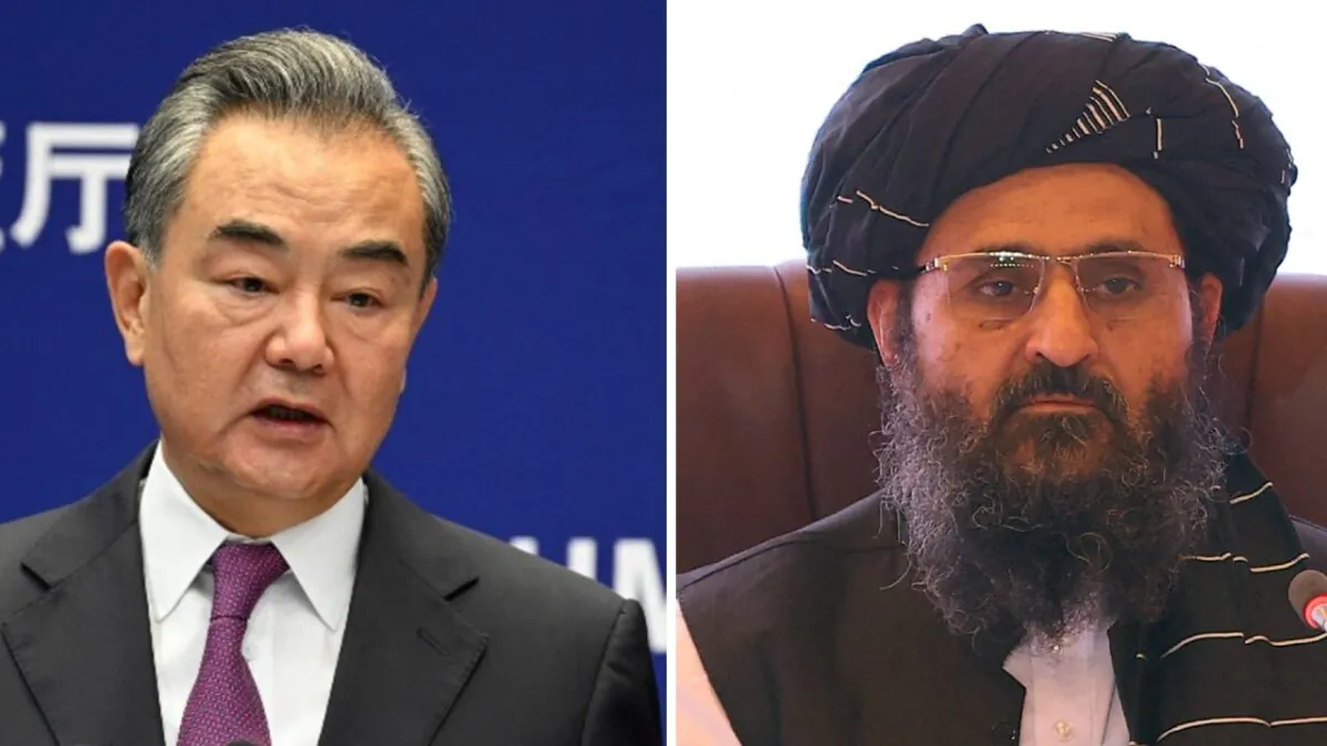 (L): Chinese Foreign Minister Wang Yi speaks during the Lanting Forum in Beijing, on June 25, 2021. (R): The leader of the Taliban negotiating team Mullah Abdul Ghani Baradar looks on the final declaration of the peace talks between the Afghan government and the Taliban in Doha, Qatar, on July 18, 2021. (Jade Gao, Karim Jaafar/AFP via Getty Images)