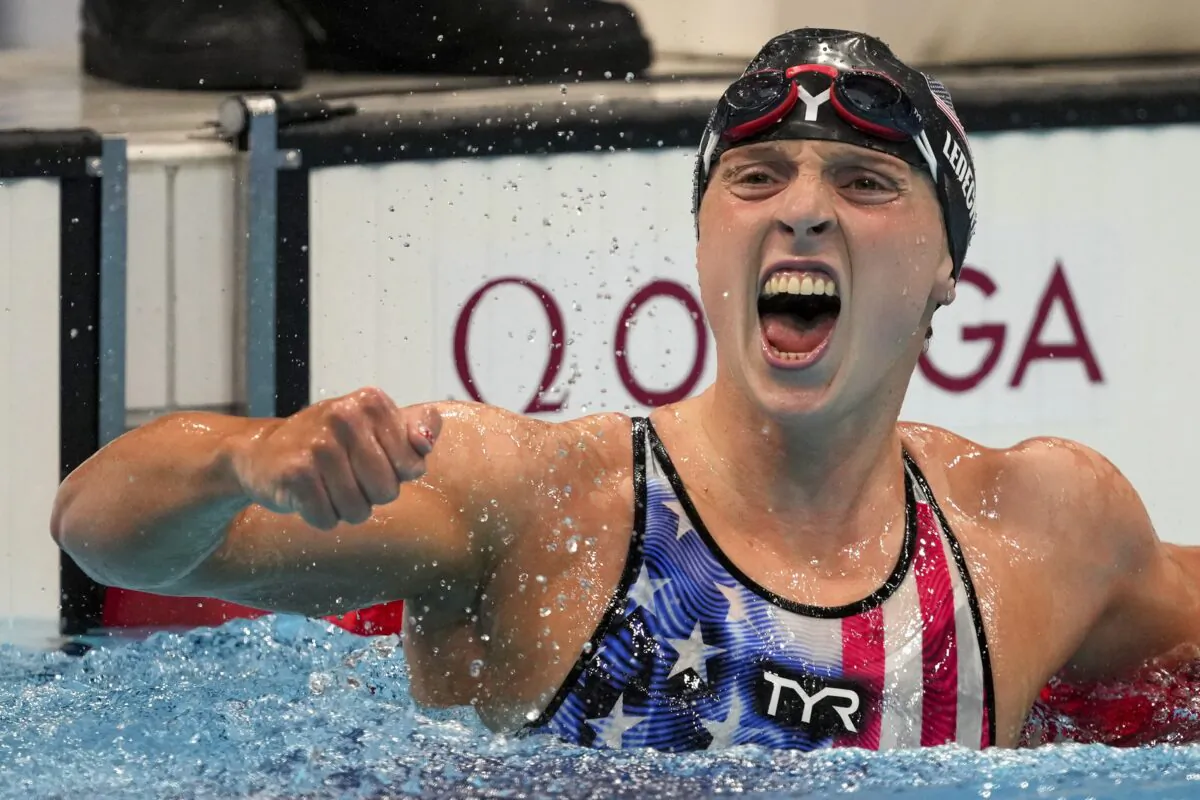 Katie Ledecky, of the United States, reacts after winning the women's 1500-meter freestyle final at the 2020 Summer Olympics in Tokyo, Japan on July 28, 2021. (Matthias Schrader/AP Photo)