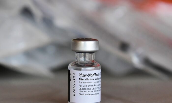 A vial of Pfizer's COVID-19 vaccine in Los Angeles on July 9, 2021. (Frederic J. Brown/AFP via Getty Images)