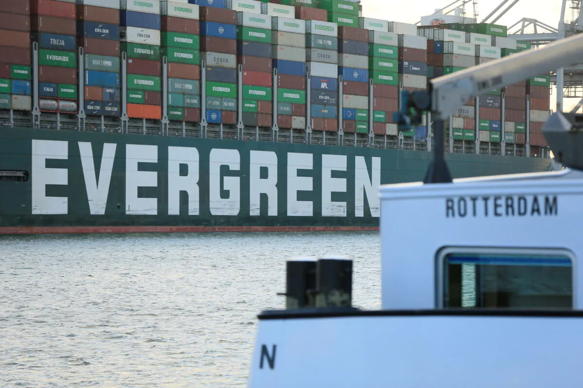 The Ever Given container ship that blocked the Suez Canal in March, docks in Rotterdam, Netherlands, on July 29, 2021. (Eva Plevier/Reuters)