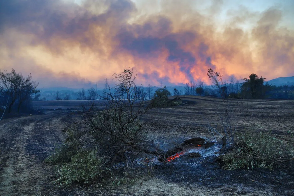 Plumes of black smoke rise from the forest around Manavgat, 75 kilometers (45 miles) east of the resort city of Antalya, Turkey, on July 28, 2021. (Kaan Soyturk/Reuters)