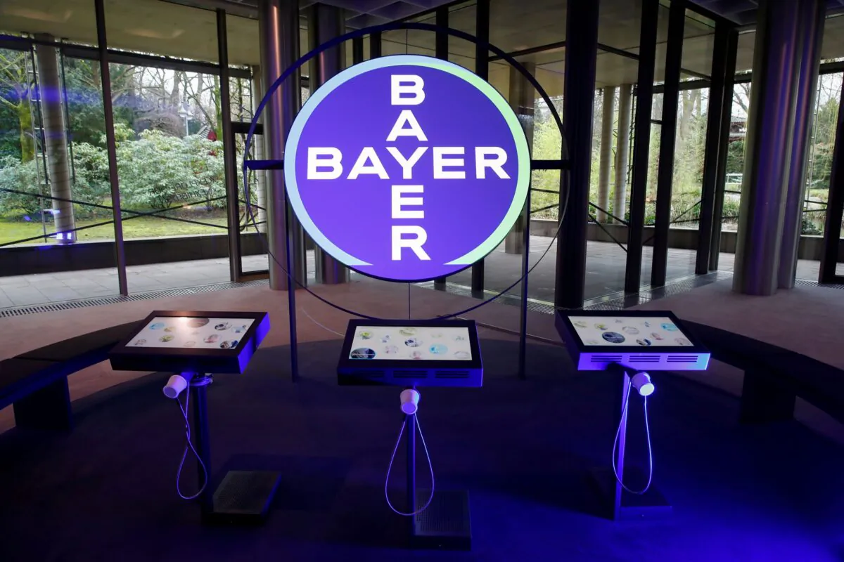 The logo of Bayer AG is seen in a showroom of the German drugmaker where the annual results news conference takes place in Leverkusen, Germany, on Feb. 27, 2020. (Wolfgang Rattay/Reuters)